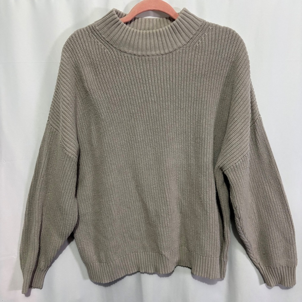 Haven Well Within Women XL Taupe Gray Cotton Shaker Stitch Mock Neck Sweater